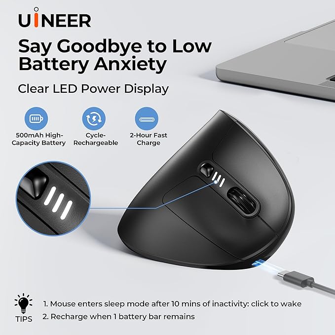 Uineer Wireless Ergonomic Mouse, Wireless Bluetooth Rechargeable Vertical Mouse, 7 Color LED, 4 DPI Adjustable, USB-A Receiver, Wrist Strain Relief,Optical Mice for Computer/PC/Laptop, Black (Black)