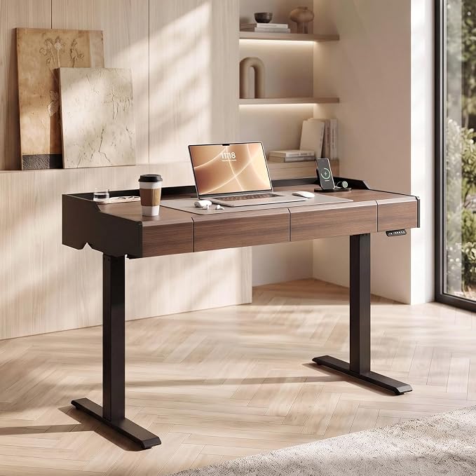 ModernMate Electric Standing Desk with Drawers, Hidden Cable Management | 48 x 24 Inches Height Adjustable Desk, Stand Up Table with Storage for Home Office, Black Walnut