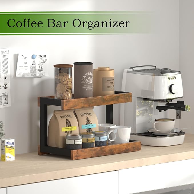 MARTY Counter Shelf Organizer, 2 Tier Spice Rack for Countertop, Brown | Coffee Bar/Station/Syrup Organizer for Countertop, 15.75''Lx8.9"W Large Desk Shelf Riser, for Kitchen Bathroom Bedroom Office