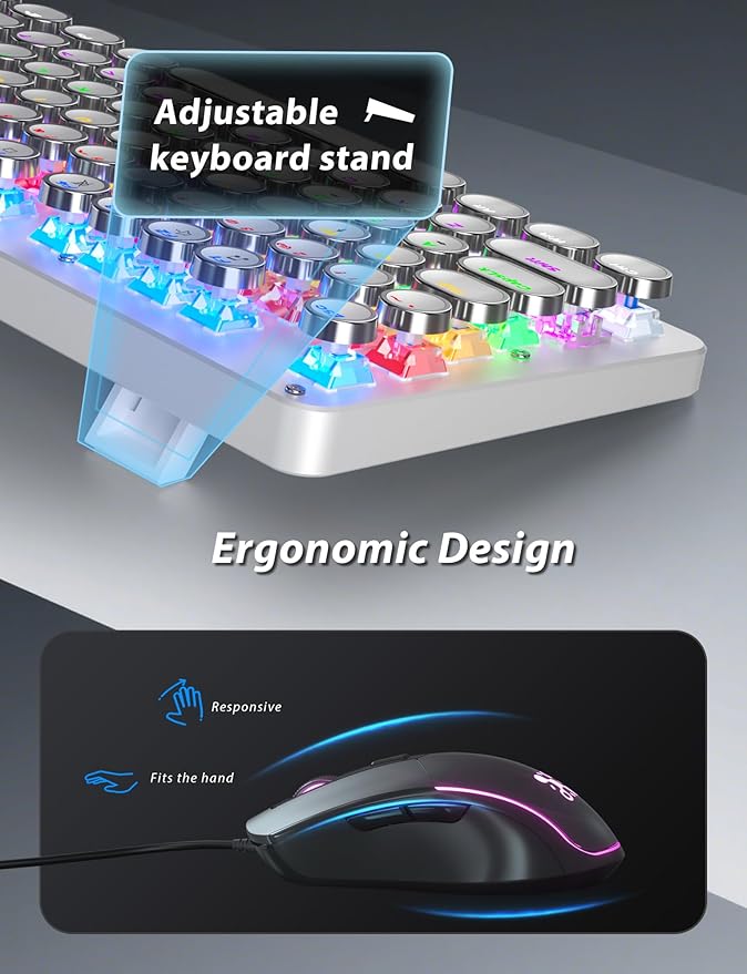 Typewriter Mechanical Gaming Keyboard and Mouse, Metal Panel Retro Keyboards with Round Keycap Blue Switch, Rainbow LED Backlit 104-Key Anti-Ghost Wired Mouse and Pad Combo for PC Laptop Mac Gamer