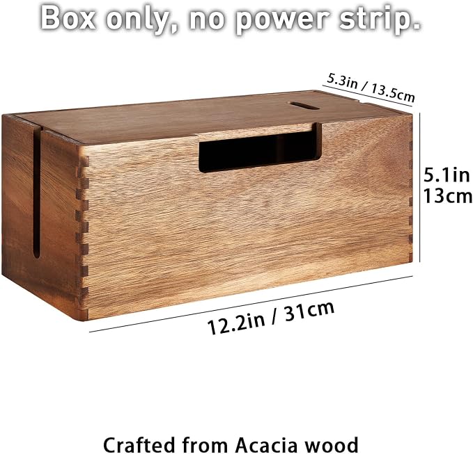 Acacia Wood Cable Management Box, Wooden Cord Hider & Organizer for Power Strip, Electrical Hiding, TV Wires, Desk & Floor Cables - Office Under Desk Cable Storage Box for Wire