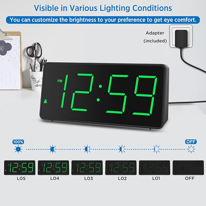 Peakeep Digital Alarm Clock for Bedrooms Bedside, Loud for Heavy Sleepers | Large Big LED Numbers Dimmable for Seniors, Battery Backup Plug in Electric Clock with USB Charger(Green)