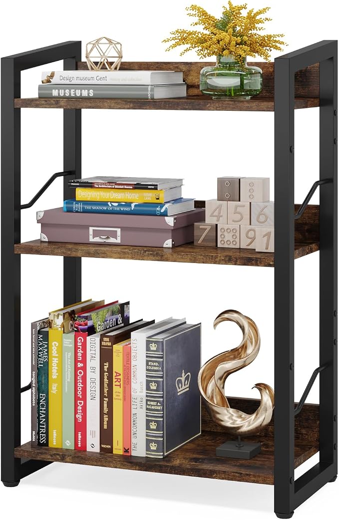 Hosfais 3-Tier Small Bookshelf Bookcase with Edge Protection | Wood Book Shelf Industrial Bookshelf Metal Narrow Bookcase Storage Organizer Display Rack for Bedroom Home Office (Brown)