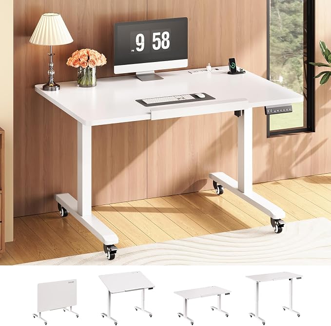 SEDETA 31.5 Inches Electric Standing Desk, 180° Tiltable Mobile Rising | Computer Desk Height Adjustable with Wheels for Drawing/Writing/Gaming/Study/Home Office/Small Space, White