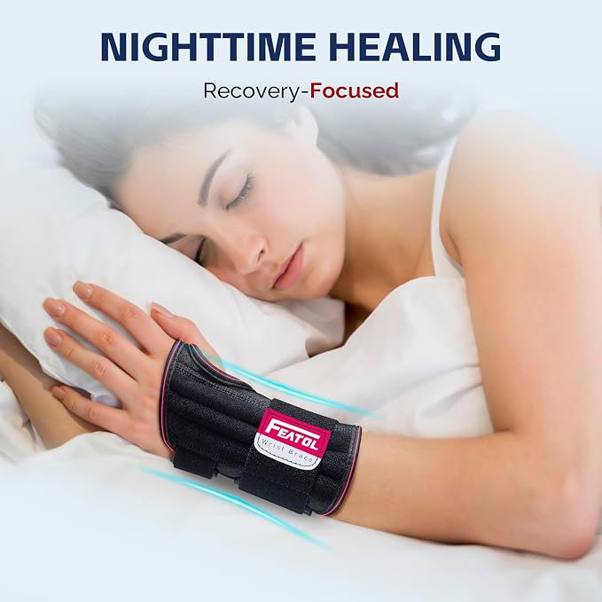 FEATOL 2 Pack Carpal Tunnel Wrist Brace For Work With Wrist Splint, 6.5'' Wrist Brace Night Support For Women Men, Pain Relief For Tendonitis, Arthritis, Pregnancy, Typing, Right and Left Hand, Medium