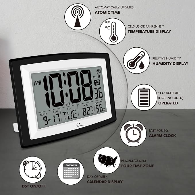 WallarGe 12.5 Inch Atomic Clock with Indoor Temperature and Humidity | Battery Operated Digital Wall or Desk Clock, Auto DST, Large Display for Seniors, Self-Setting, for Classroom, Garage, Office