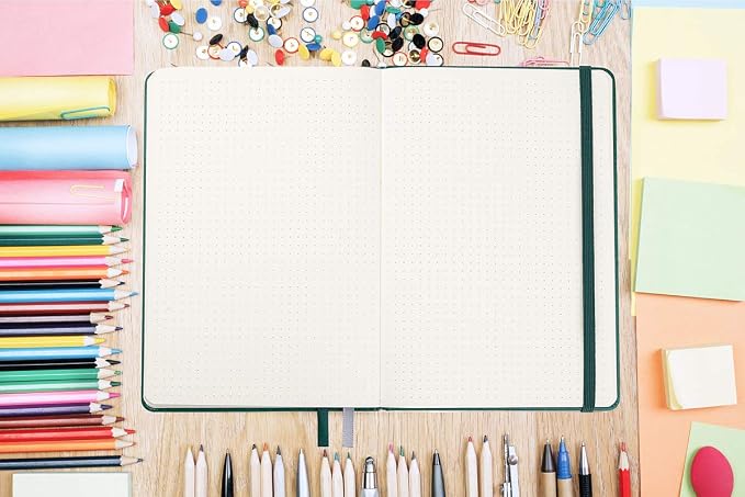 Guissi Classic Dotted Grid Bullet Notebook Journal Dot Hard Cover A5 Premium 80gsm Thick Acid-Free Paper with Fine Inner Pocket Faux Leather Office School Supplies 144 Pages Desgned in Florence