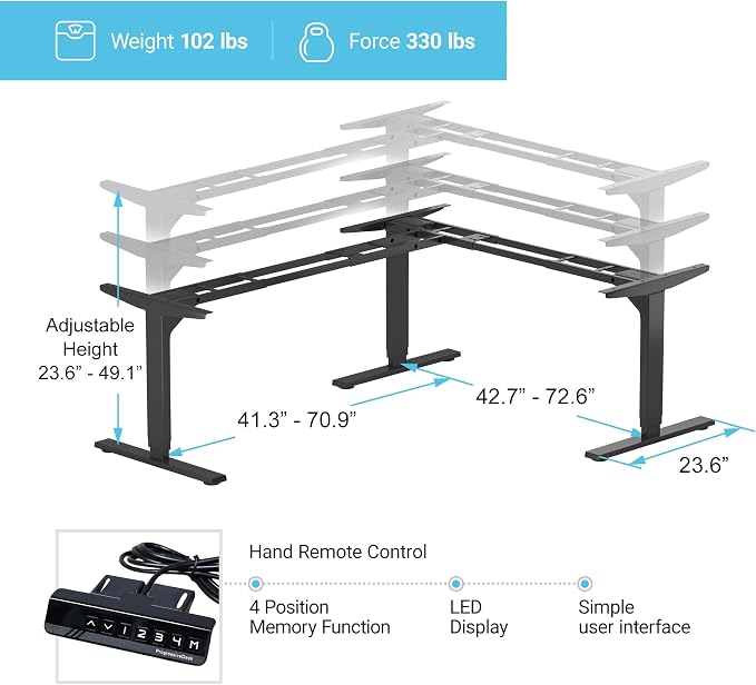 Standing Desk Corner Frame - Adjustable Height and Width Legs with Triple Electric Motors for Home Office L Shaped Desk FLT-05 Black