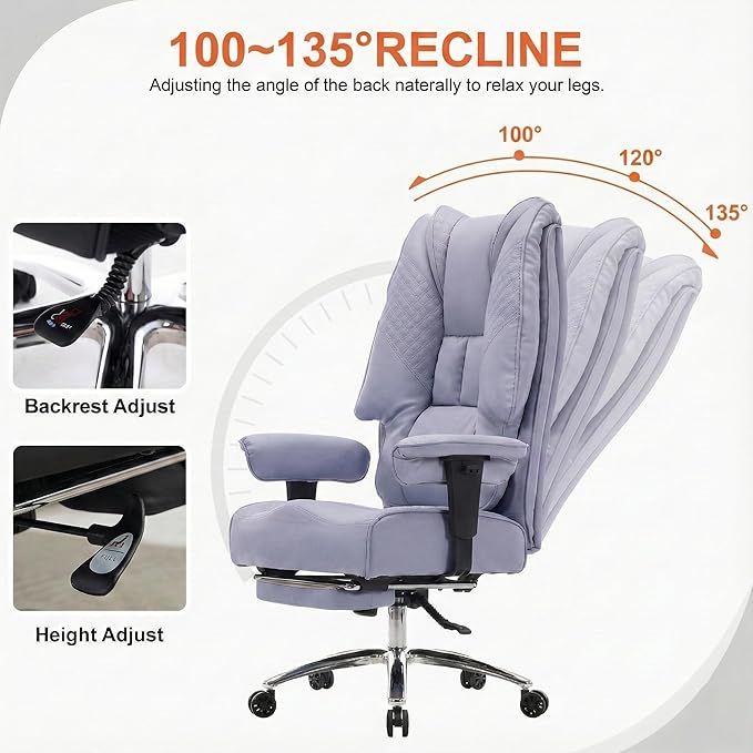 Big and Tall Office Chair 400lbs Wide Seat, Leather High Back Executive Office Chair with Foot Rest, Ergonomic Chairs Lumbar Support for Lower Back Pain Relief (Light Purple)