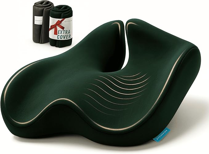 SitCushion Orthopedic Coccyx Cushion for Tailbone Pain Relief, Sciatica and Back Pain – X Large Memory Foam Seat Cushion for Office Chairs, Car – Ergonomic Pillow with Removable Spare Cover (Green)