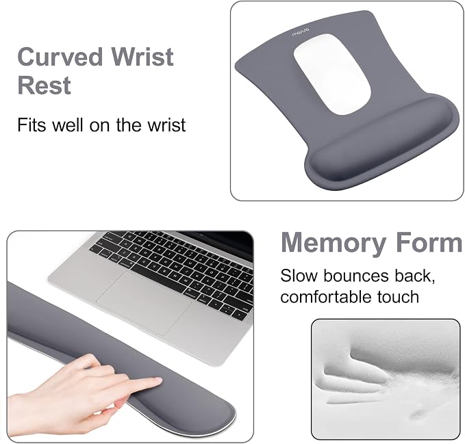MOSISO Wrist Rest Support for Mouse Pad & Keyboard Set, Ergonomic Mousepad Non-Slip Base Home/Office Pain Relief & Easy Typing Cushion with Neoprene Cloth & Raised Memory Foam, Space Gray