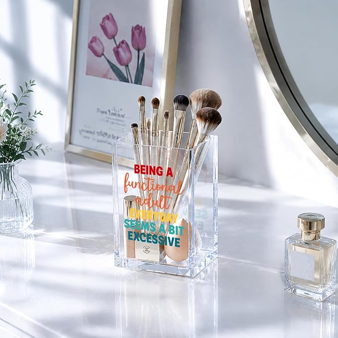 YAZMEEN Funny Office Gift Acrylic Pen Holder - Being A Functional Adult Everyday Seems A Bit Excessive Desk Organizer - Office & Home Desk Accessories - Sarcastic Gift for Women, Men, Coworkers