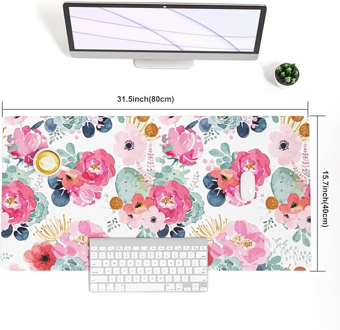 QIYI Large Mouse Pad, Pink Floral Desk Mat for Desktop, Women Girls PU Leather Waterproof Gaming Mousepad, Computer Laptop Desk Accessories Protector Writing Pads for School Office Home 31.5" x 15.7"