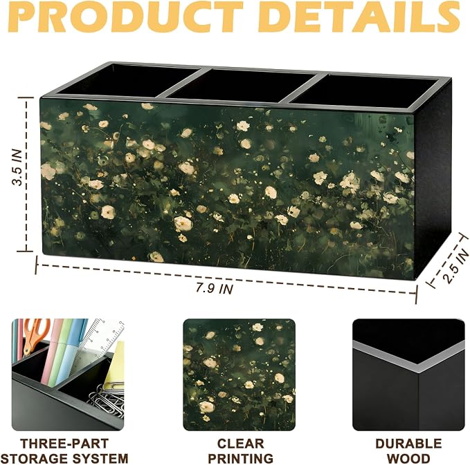 Dark Green Floral Pen Pencil Holder for Desk, Moody Cottagecore Botanical Flower Wooden Box Sign Organizer for Home Room Office Bedroom Desk Accessories Tabletop Decorations