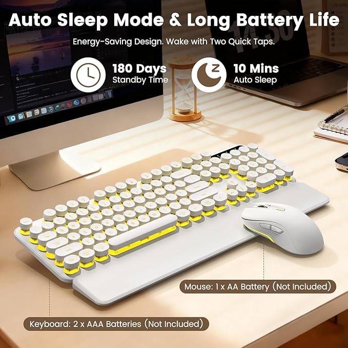 Wireless Keyboard and Mouse Combo, Backlit Round Keycaps, Retro Typewriter Keyboard with Detachable Wrist Rest, Rechargeable & Tilt Legs, 2.4GHz Cordless Connection for Windows/PC (Glowing White)