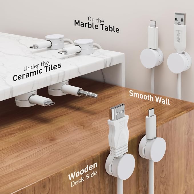 AGPTEK 8 Pack Magnetic Cable Clips, 360° Rotatable Cord Holder, White | Cable Holder for Nightstand, Desk Cord Organizer Adhesive Wire Management Home Phone Charging Cords USB Cable Keeper