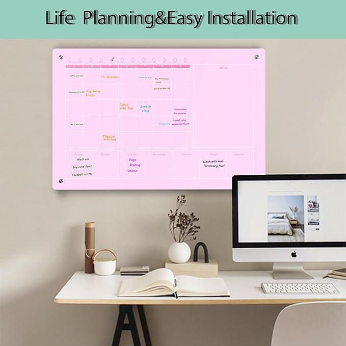 Large Acrylic Calendar for Wall,24"X16",Acrylic Dry Erase Calendar for Wall,Pink Dry Erase Board for Home/Office
