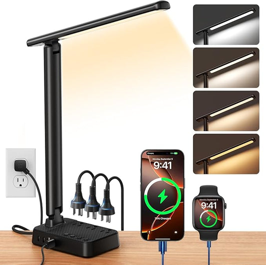 LED Desk Lamp with Power Strip, 3 AC Outlets & 4 USB Ports (2 USB-C), Stepless Dimming & 2800K-6500K Eye-Caring Desk Light, Foldable Table Lamp with 5FT Cord for Home Office, Dorm Room Essentials