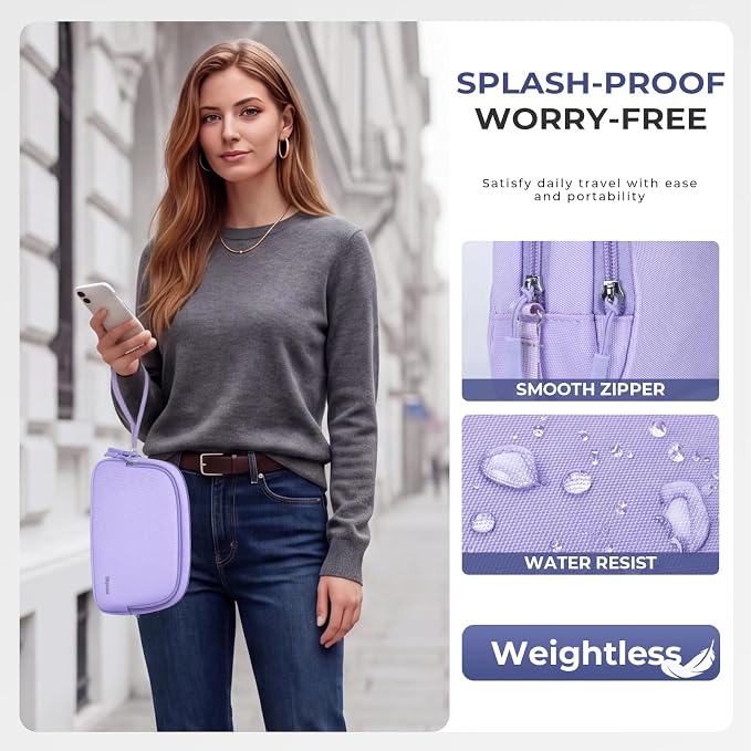 Skycase Travel Cable Organizer - Lightweight Water Resistant Dual-Layer Tech Pouch with Wrist Strap 11 Compartments Electronic Organizer Travel Case for Charger Cord Hard Drive,Large,Purple