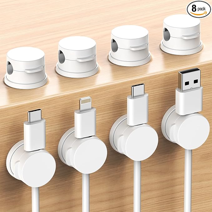 Inchor Cord Organizer, Rotatable Cable Organizer 8 Pack, No-Residue Adhesive Spring Cable Clips, Cord Holder for Nightstand, Kitchen, Office Accessories and Car (White)