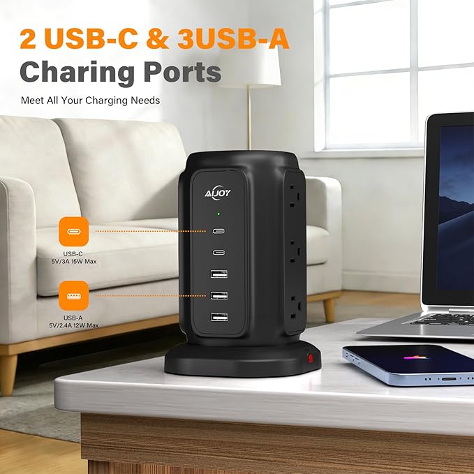AiJoy Flat Plug Power Strip Tower with 9 AC Outlets and 5 USB Ports | USB Charging Station with 1200J Protection, 6 Feet Extension Cord, Office Desk Accessories for Men, Dorm Essentials for Guys