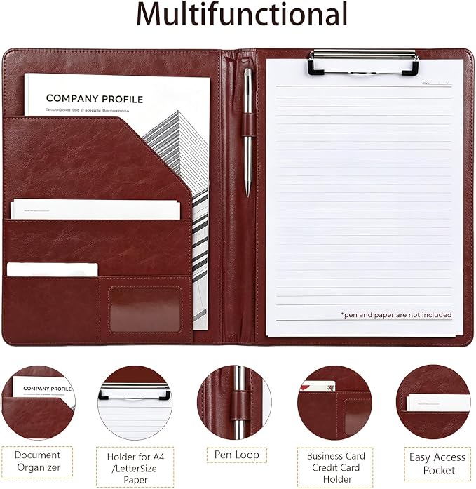 Padfolio Portfolio Binder, Faux Leather Folder, Resume Interview Legal Document Organizer, Letter Sized Writing Pad w/Business Card Holder, A4 Professional Folio for Office Conference (Brown)