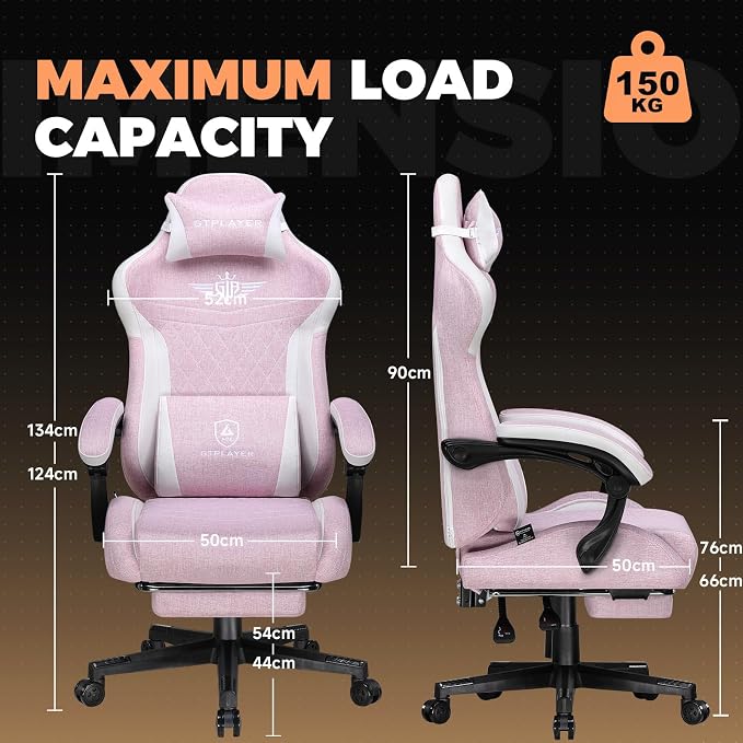 GTPLAYER Gaming Chair with Footrest, Ergonomic Office Chair 400lbs Heavy Duty, Big and Tall Computer Desk Chair with Lumbar Support and Headrest, Breathable Linen Fabric, 90-155° Recline Pink