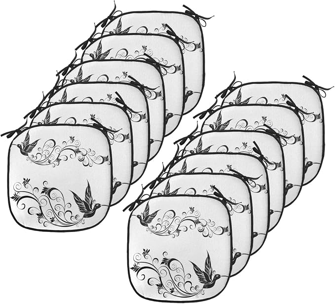 Lunarable Hummingbirds Chair Cushion Pads Set 12, Tattoo Art Style Hummingbird Silhouette Wildlife Curvy Stems Blooms Imagery, Anti-Slip Seat Padding for Kitchen & Patio, 16"x16", White Black