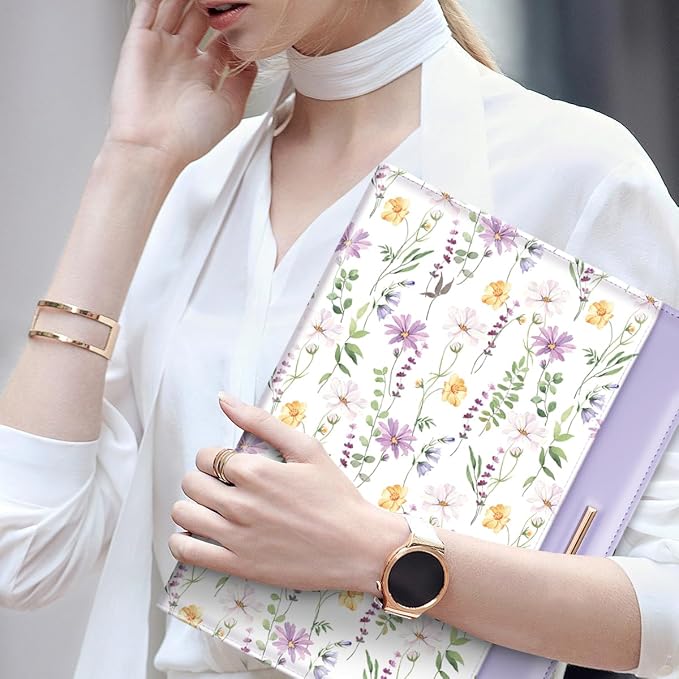 Padfolio/Resume Portfolio Folder for Women Men, WAVEYU Cute Chic Padfolio Cover Folder, Conference/Legal Document Organizer with Letter/A4 Size Clipboard, Document Sleeve, Purple Flower