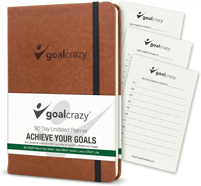 Goal Crazy Undated Daily Planner to Achieve Your Goals - 90 Day Guided Journal & Productivity Organizer with Goal Setting, Habit Tracker, To Do List, Academic & Work Calendar, Leather Hardcover - Brown