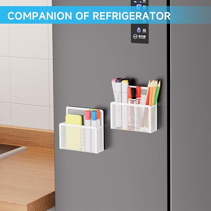 Marbrasse Magnetic Dry Erase Marker Holder, Mesh Pen Holder for Whiteboard，Magnet Pencil Organizer Storage for Refrigerator Locker Accessories Organizer for Home, School and Office(White 4p)