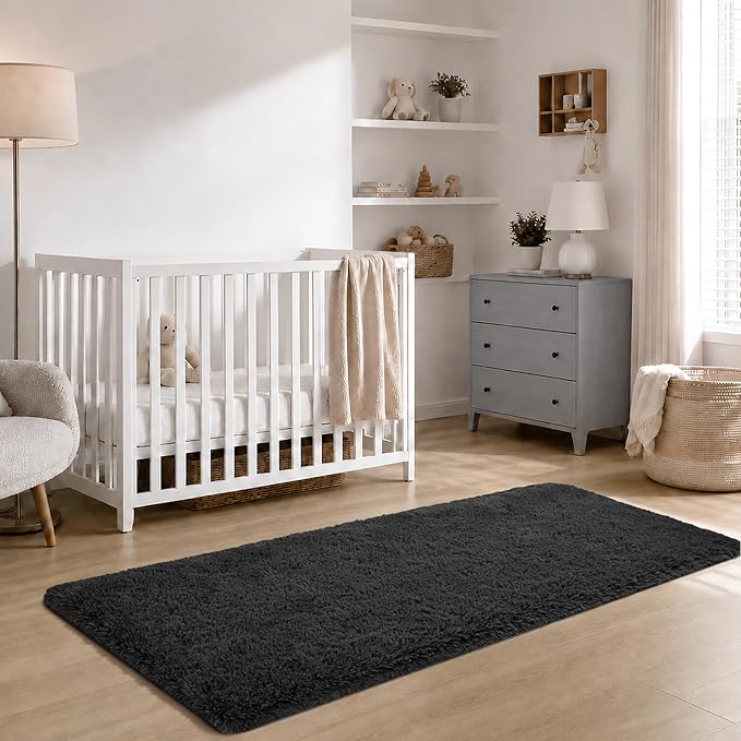Zentavio Runner Rugs for Hallway 2x6 Shag Soft Bedroom Bedside Rugs Non Slip Fluffy Carpet for Kids Girls Boys Home Decor Aesthetic Dorm Nursery Black