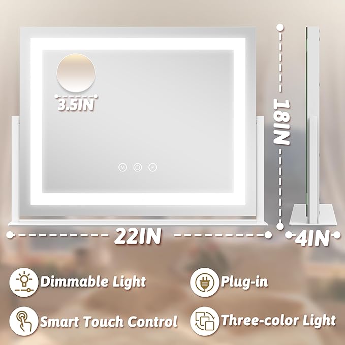 ROLOVE Vanity Mirror with Lights 22"x18", Lighted Makeup Mirror with 10X Magnification, Smart Touch 3 Colors Dimmable, 360° Rotation, Women Gift, Dresser Mount, Bathroom (White)