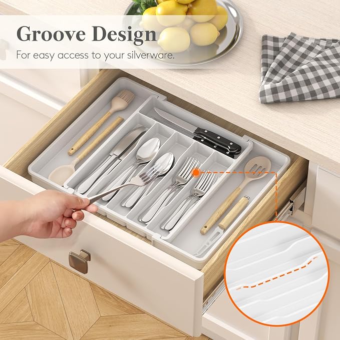 Lifewit Silverware Drawer Organizer, Expandable Utensil Tray for Kitchen, BPA Free Flatware and Cutlery Holder, Adjustable Plastic Storage for Spoons Forks Knives, 10.9"-17.5" x 13.7", White