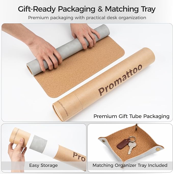 Premium Faux Leather Desk Mat & Tray Set，Innovative Cork-Look Printed Base，Gift Tube Packaging，Full-Desk Coverage，Non-Slip Desk Pad for Office Home（Mist Gray）