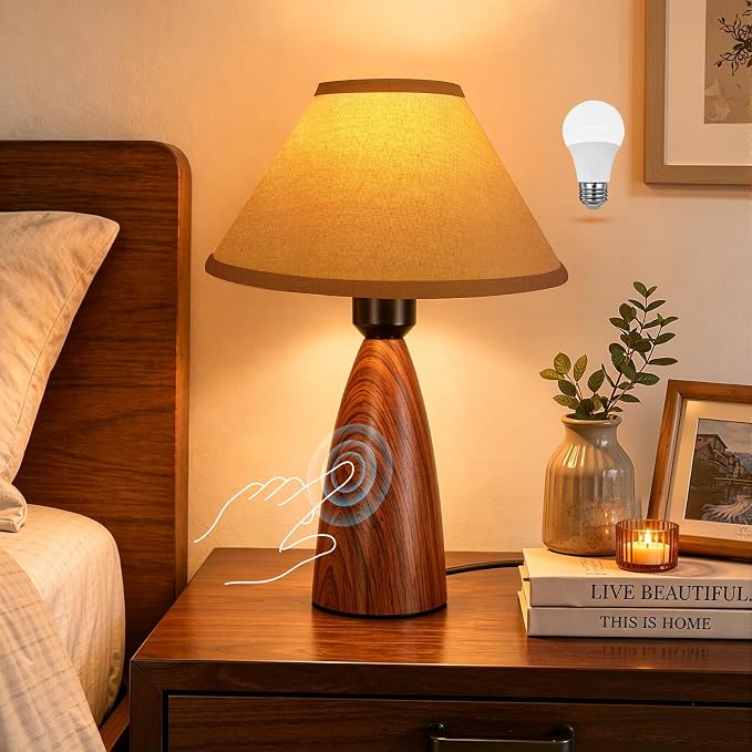 Nusogon Touch Table Lamp for Nightstand - 3-Way Dimmable Small Bedside Lamp, 3s Quick Shut-Off Smart Desk Lamp for Bedroom, Living Room, Reading, Nursery, LED Bulb Included