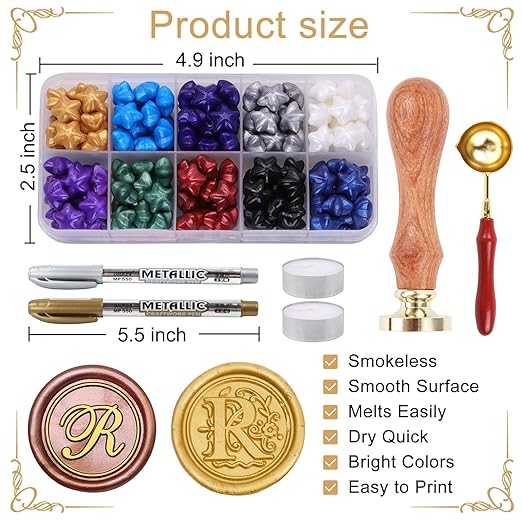 Wax Seal Stamp Kits, 200pcs Assorted Beads and 2pcs Initial Alphabet A Wax Seal Kits for Wedding Invitations Gift Wraps Envelopes and Christmas Cards (Alphabet A Kit)