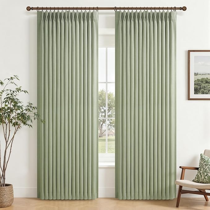 Sage Green Pinch Pleated Curtains 84 Inches Long for Patio Sliding Glass Doors, Memory Trained Viral Blackout Two Layer Linen Boho Drapes Insulated Noise Blocking Windows Curtain 40W x 84L x 2 Panels
