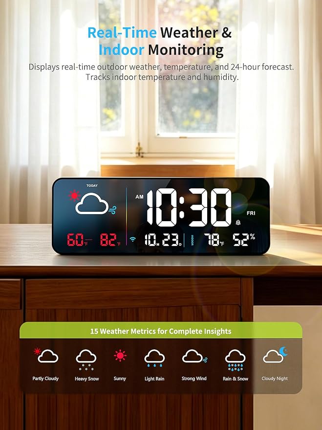 Digital Wall Clock, Digital Clock Large Display with Network Auto-Synced, Corded Smart LED Alarm Clocks Real-Time Shows Weather, Indoor/Outdoor Temp Humidity for Living Room Bedroom Classroom Office
