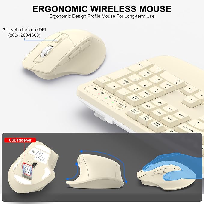 Wireless Keyboard and Mouse Combo, 2.4G Full Size Wave Keys Ergonomic Keyboard with Wrist Rest and 3-Level DPI Adjustable Wireless Ergonomic Mouse for Windows, Mac OS Desktop/Laptop/PC(Latte)