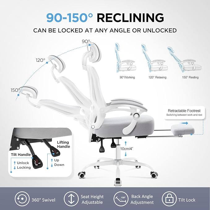 Ergonomic Office Chair with Footrest,Ultra Thick Desk Chair,Grey | 150°Reclining,Mesh High Back,Adjustable 2D Lumbar Support and Headrest,4.8" Spring Cushion,Premium Computer Chair for Adults