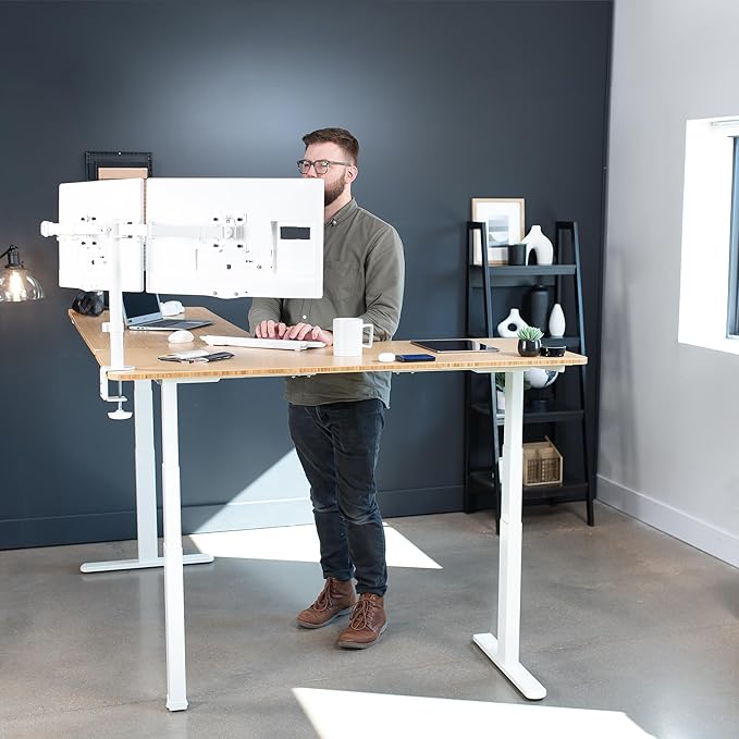 VIVO Electric Height Adjustable 83 x 60 inch Corner Stand Up Desk, 2 Solid Bamboo Table Tops, White Frame, Memory Controller, L-Shaped Workstation, 3E Series, DESK-KIT-3E8WO