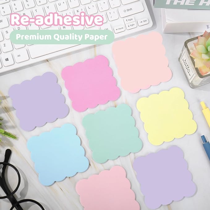 JarThenaAMCS 18 Pack Scalloped Sticky Notes Pastel Wavy Edge Memo Pads 3 Inch Colorful Self-Adhesive Notepads for School Office Home Accessories Party Decor Supplies, 360 Sheets