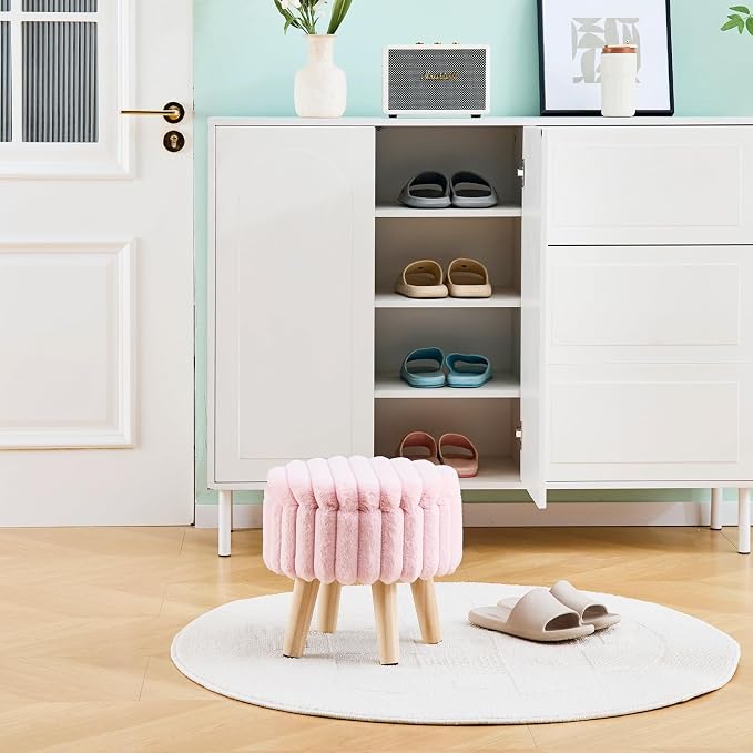 Wimarsbon Storage Ottoman, Modern Round Footrest with Soft Padded Seat, Teddy Velvet Footstool with Wood Legs, Accent Small Table or Plant Stand for Hallway, Living Room (Light Pink)