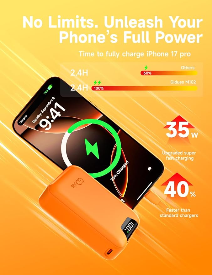 M2 Portable Charger, 20000mAh Power Bank, PD 35W Ultra Fast USB-C Built-in Cable, Compact Cute Mini External Battery Pack for iPhone, Samsung, Android iPad (Orange)
