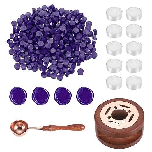 PATIKIL Wax Seal Kit, 300 Pcs Wax Sealing Beads, Wooden Warmer, Melted Spoon, 10 Pcs Tealight Candles for Envelope Letter Mailing Crafts DIY, Purple