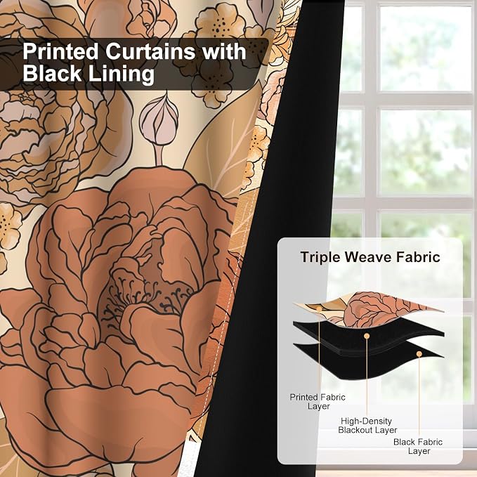 Boho Floral Blackout Curtains for Bedroom, Bohemian Patterned Black Out Curtains 84 inch Long, Spring Room Darkening Curtains for Living Room, Thermal Insulated Window Bedroom Curtains 2 Panels Set