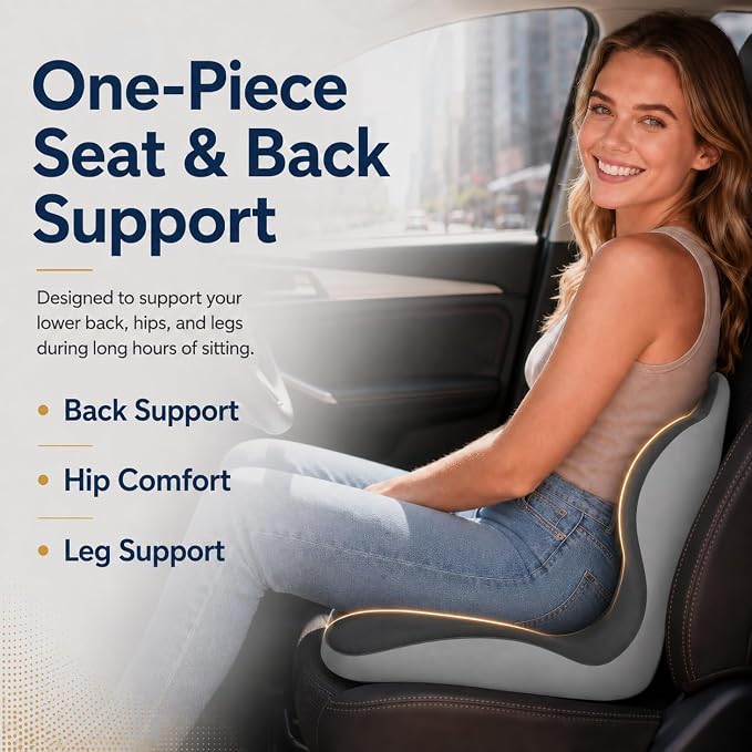 Car Seat Cushion with Lumbar Support, One-Piece L-Shaped Memory Foam | Ergonomic design with coccyx cutout, hip-to-thigh support and anti-slip base for long drives, office chairs and wheelchairs.