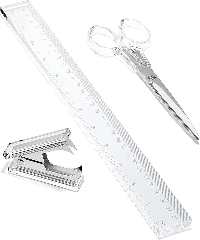 3-Piece Acrylic Desk Set, Clear with Silver Metal | Ruler, scissors, and staple remover set, Functional and elegant desk accessories, Stationery tools for office, and school