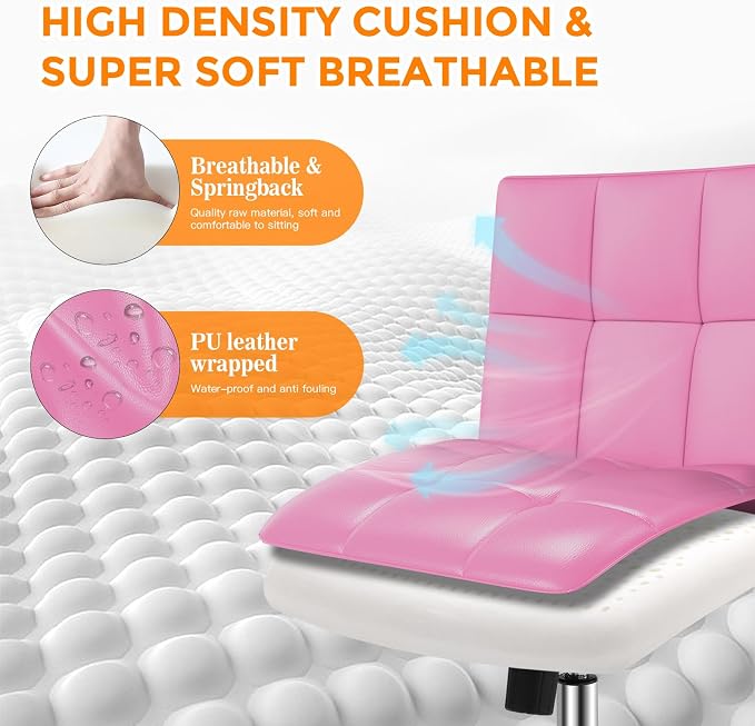 Pink Office Chair with Wheels - 360° Swivel Armless Back Support，Comfortable Pu Adjustable Rolling Desk Chairs for Office，Home，Vanity，Bedroom，Big Space (Widened Pink)
